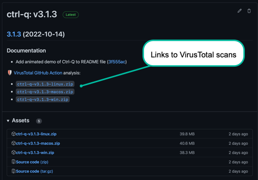 VirusTotal scans as part of Ctrl-Q release notes